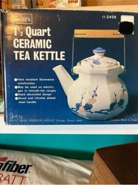 Sears Roebuck and Co. White Ceramic Tea Kettle with Blue and Pink Floral Design